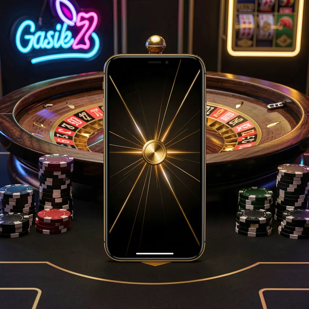 Mobile casino application screen on a phone with a roulette wheel and poker chips in the background, glowing neon lights in premium black and gold style featuring TK567 branding