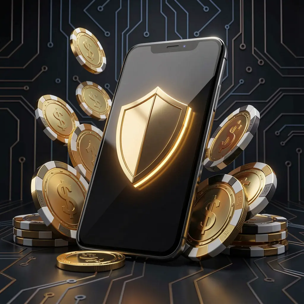 TK567 secure mobile casino app concept showing a smartphone with a glowing shield icon surrounded by golden coins and chips against a dark luxury cyber background in a realistic 3D render