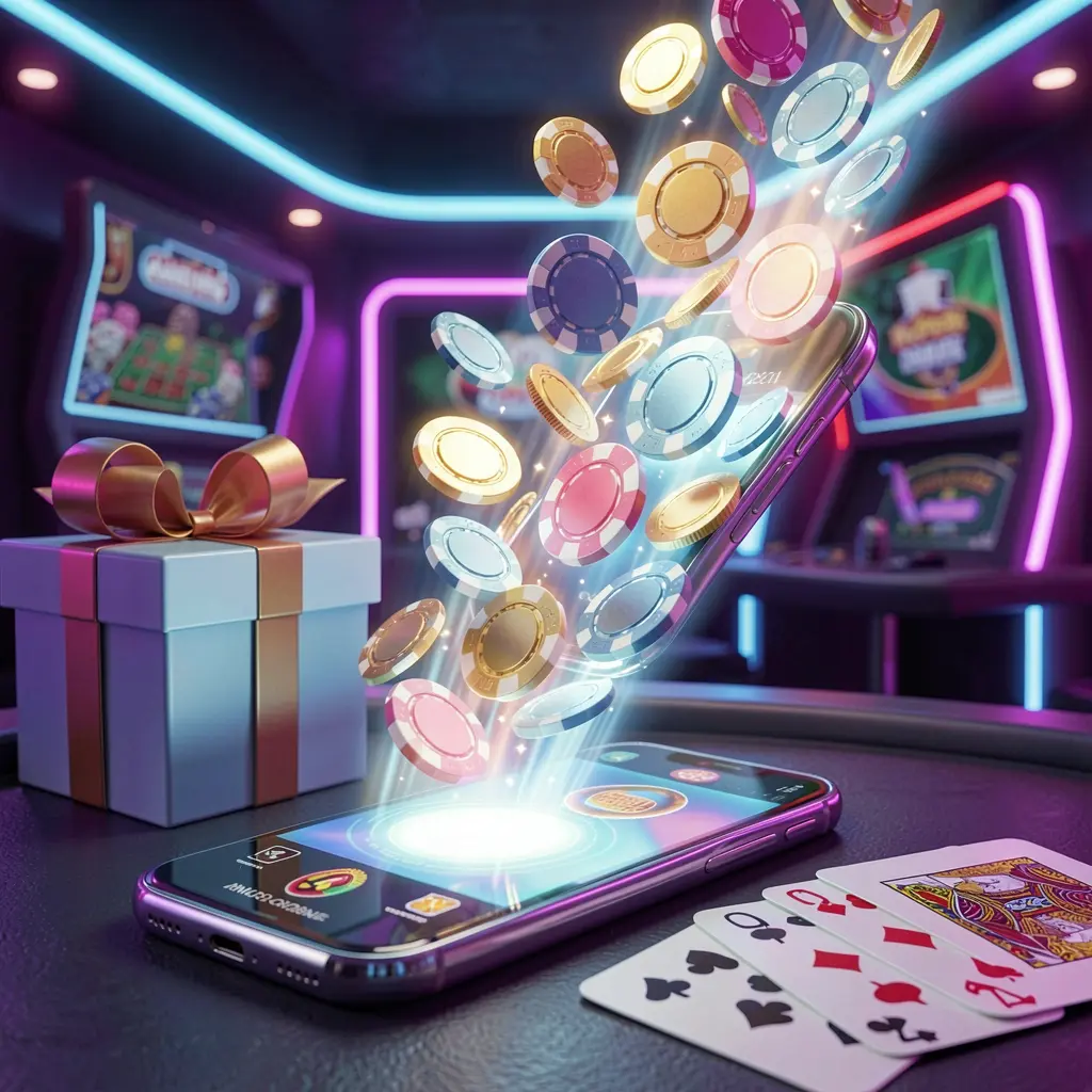TK567 mobile casino bonus scene with a modern smartphone displaying glowing casino chips and coins emerging from the screen, surrounded by a gift box and playing cards in a bright neon casino atmosphere TK567 mobile casino bonus scene with a modern smartphone displaying glowing casino chips and coins emerging from the screen, surrounded by a gift box and playing cards in a bright neon casino atmosphere