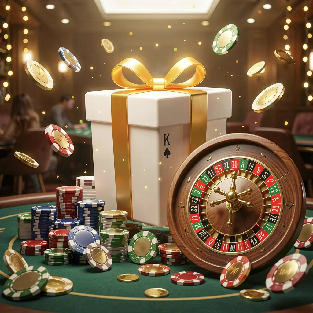 TK567 welcome bonus visual featuring a glowing gift box, roulette wheel, poker chips, and flying coins in a festive casino atmosphere with cinematic lighting and high detail TK567 welcome bonus visual featuring a glowing gift box, roulette wheel, poker chips, and flying coins in a festive casino atmosphere with cinematic lighting and high detail