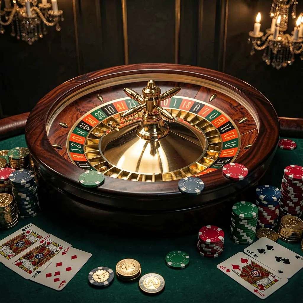 Classic casino scene featuring a spinning roulette wheel, scattered chips, playing cards, and coins on a dark elegant table, illuminated by cinematic lighting, showcasing TK567 brand ambiance