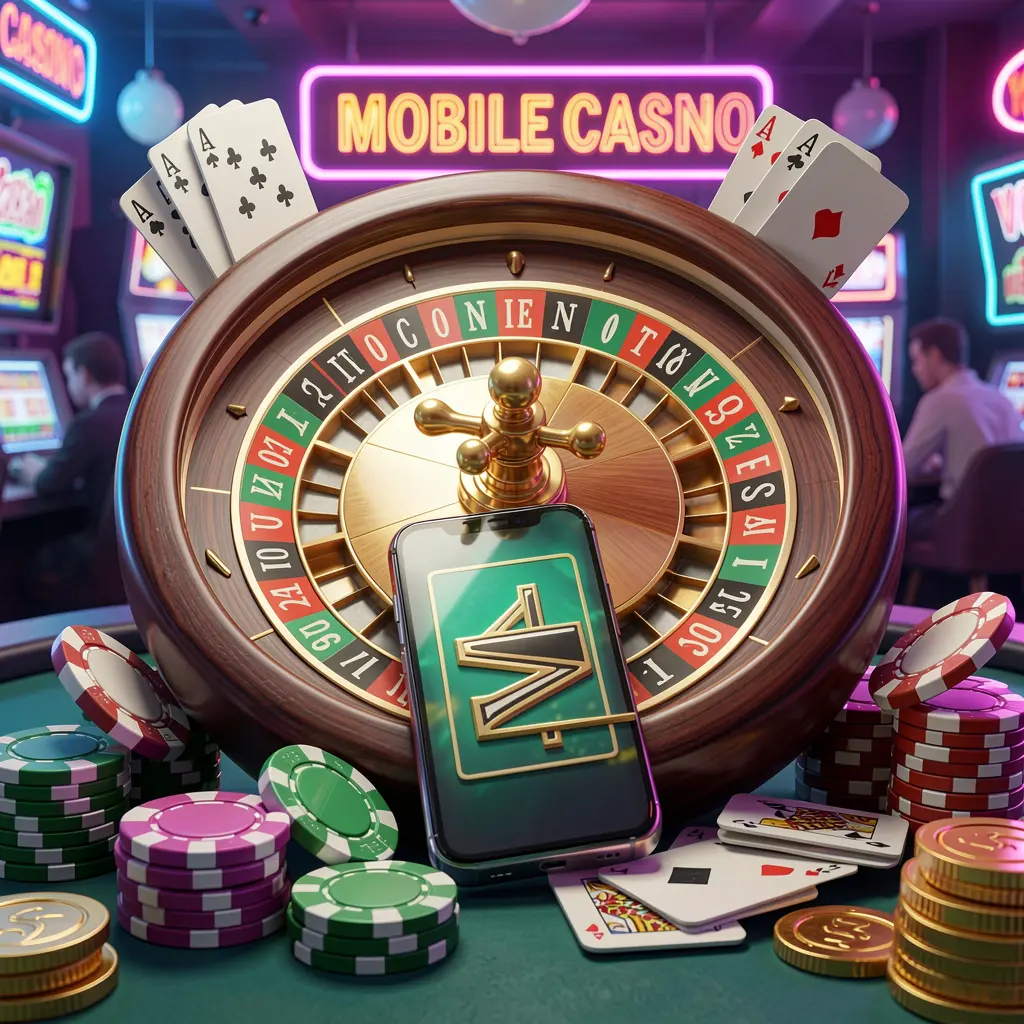 TK567 mobile casino experience with a smartphone surrounded by a roulette wheel, chips, cards, and coins in a bright neon casino atmosphere