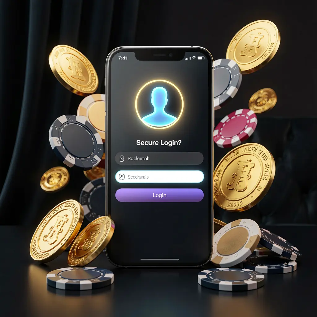 TK567 online casino login page hero banner featuring a modern smartphone displaying a secure login screen with a glowing user profile icon, surrounded by golden coins and poker chips against a dark luxury background in a premium 3D render