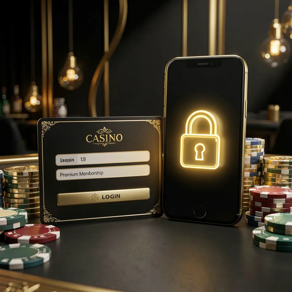 TK567 casino member login concept featuring a premium membership card beside a smartphone with a glowing lock symbol, poker chips and coins on a black and gold luxury background in a realistic 3D illustration
