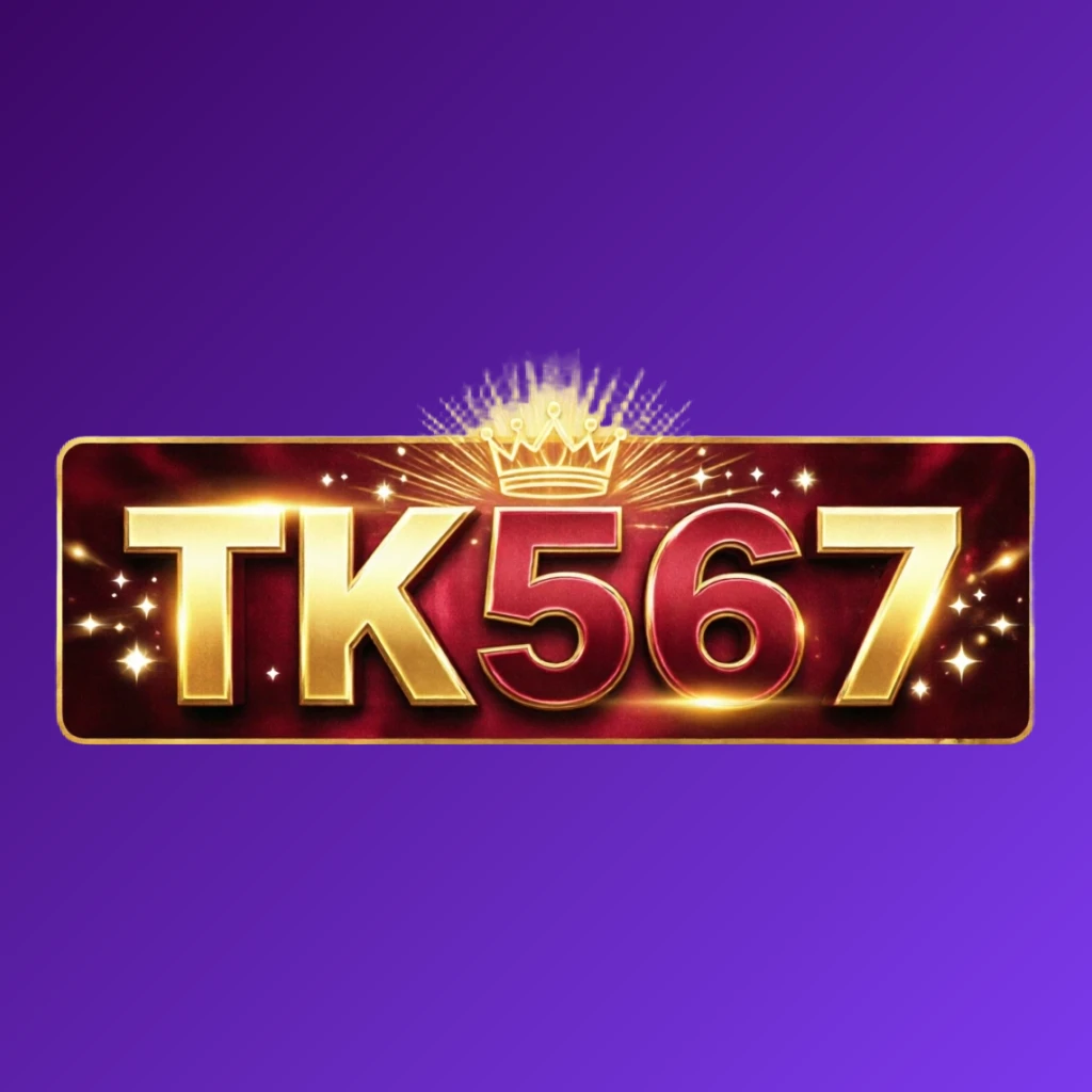 Dynamic casino-style logo for TK567 featuring massive bold lettering in bright gold and crimson colors with a glowing crown and sparkling light effects on a transparent background
