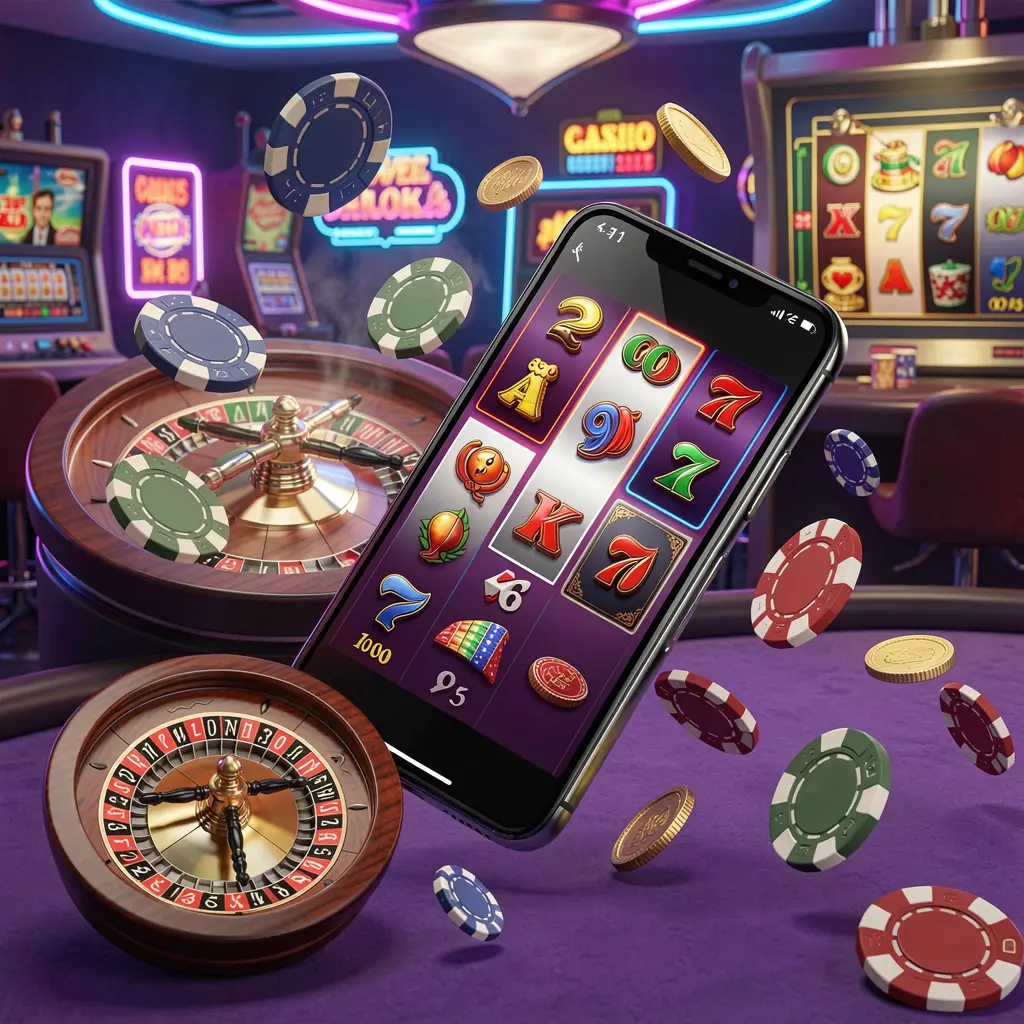 TK567 casino entertainment homepage concept featuring a modern mobile phone with slot symbols, a roulette wheel, chips, and coins floating around against a neon casino background in a premium 3D render